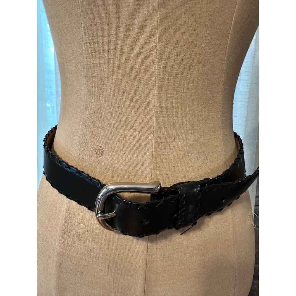 Black Leather Whipstitch Belt Silver Buckle WXRUM002 Gothic Western Style